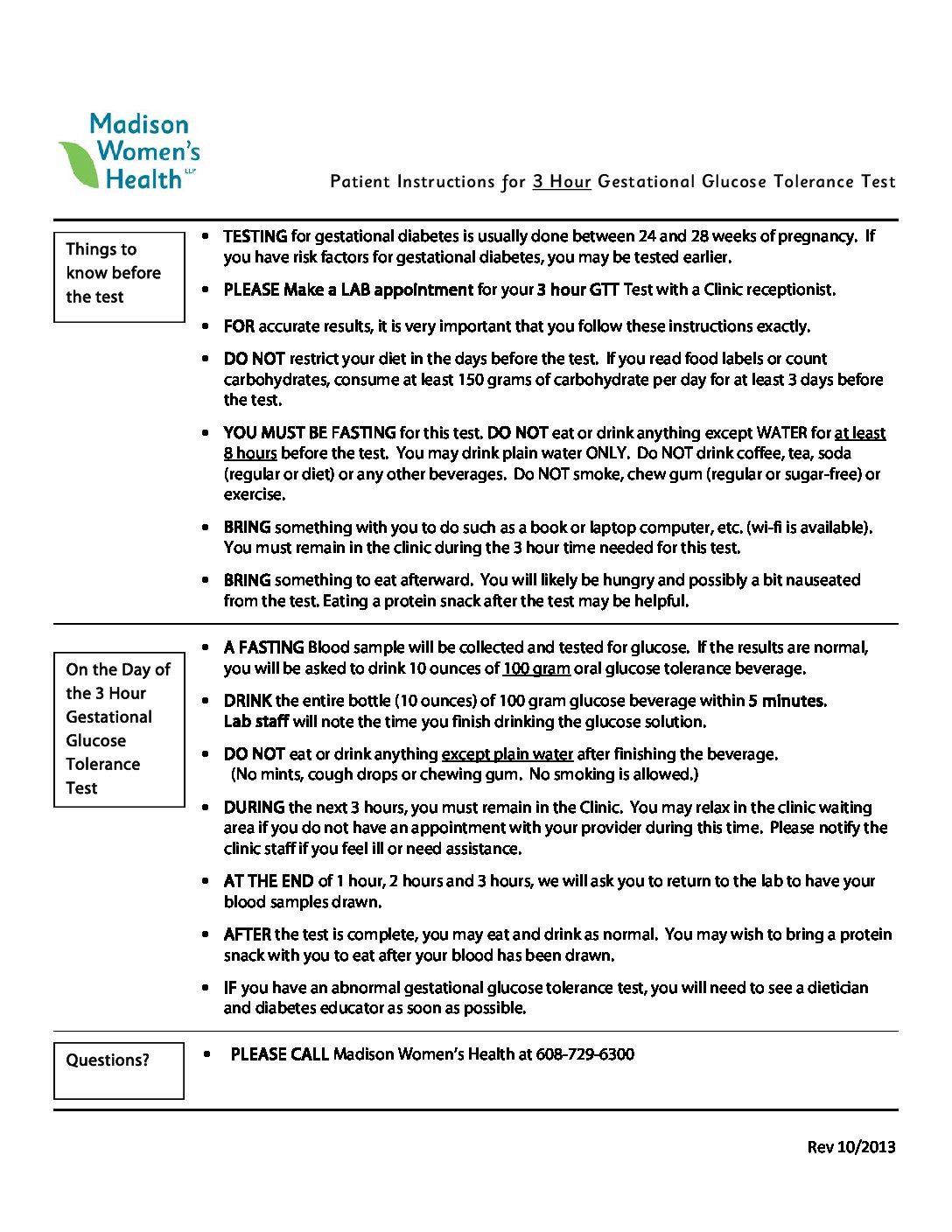 Patient Instructions 20 Hour Gestational Glucose Tolerance Test ...